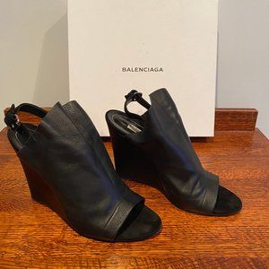 Balenciaga black leather wedge sandals size 10